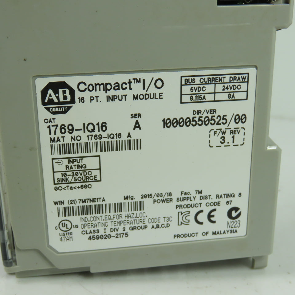 Allen-Bradley 1769-IQ16 16 PT Input Module Compact I/O 24VDC Ser A F/W 3.1