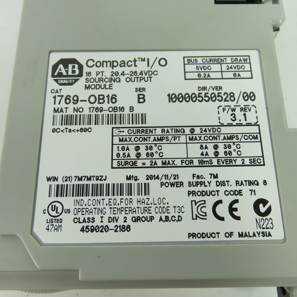 Allen-Bradley 1769-OB16 6 PT 24VDC Sourcing Output Module Ser B F/W Rev 3.1