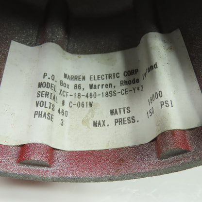 Warren Electric XCF-18-460-18SS-CE-Y*3 18000W Immersion Heater 460V 3Ph 150 PSI