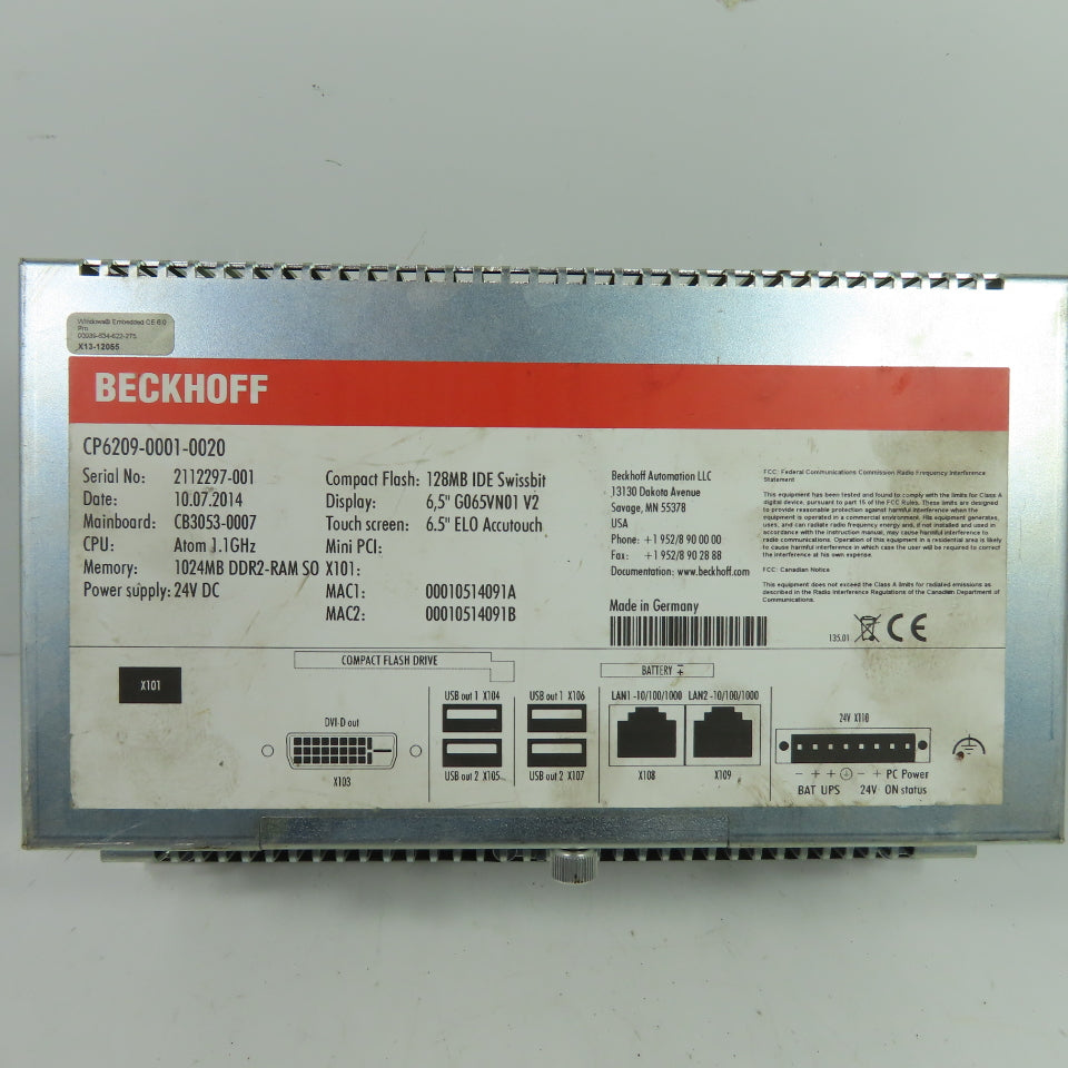 Beckhoff CP6209-0001-0020 6.5" PC Touch Screen Control Panel 24VDC