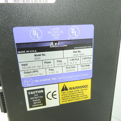 Tol-O-Matic Axiom 3604-9600 DV10 Brushless Control Servo Drive 115/208-230VAC