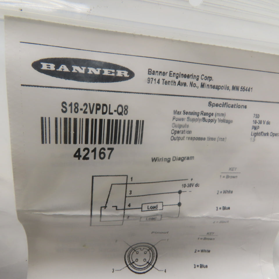 Banner S18-2VPDL-Q8 Diffuse Photoelectric Sensor 10-30VDC PNP