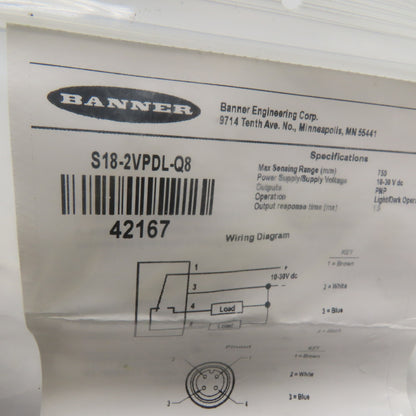 Banner S18-2VPDL-Q8 Diffuse Photoelectric Sensor 10-30VDC PNP