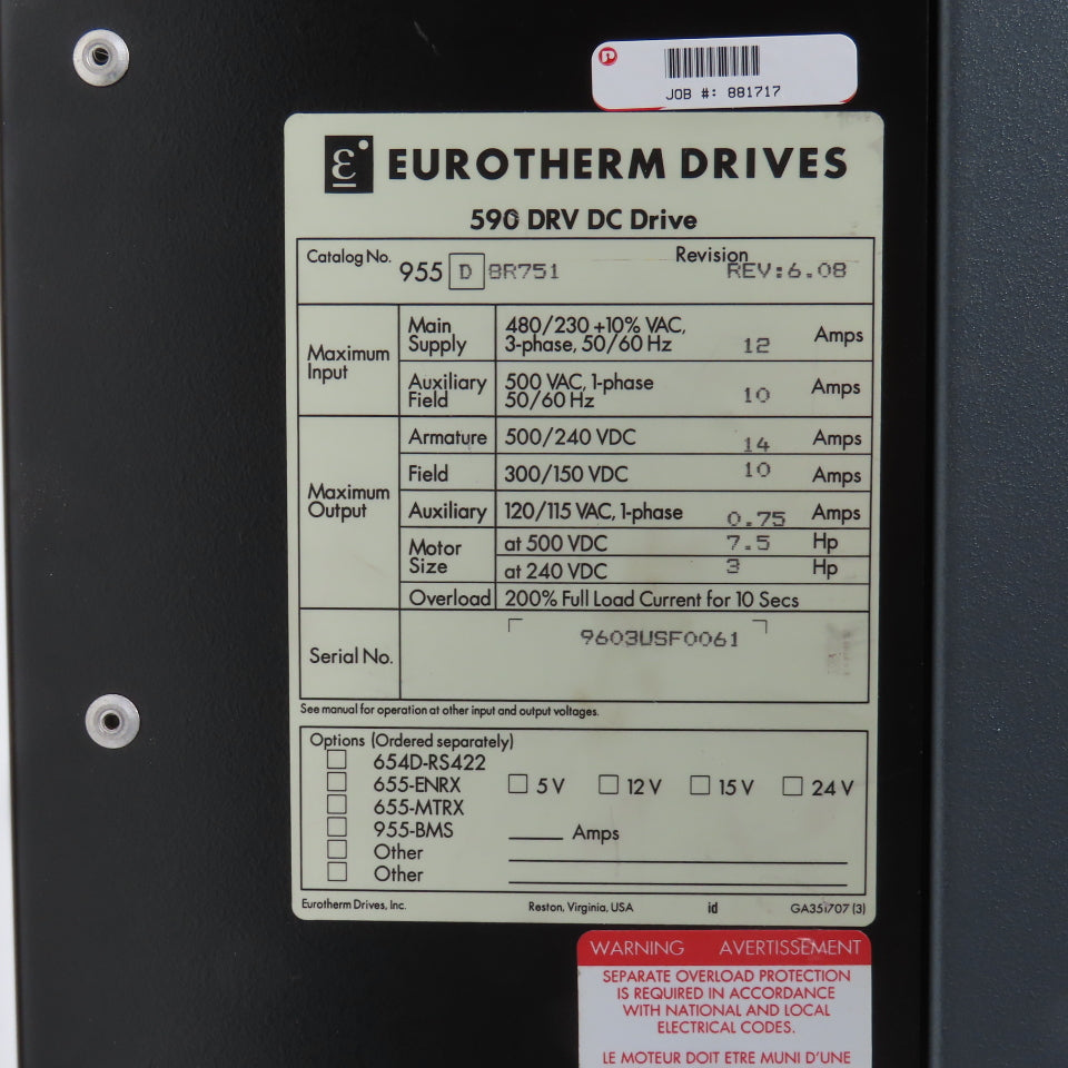 Parker Eurotherm 955D8R751 Rev 6.08 590 DRV DC Drive 480/230VAC + 590DC/00/000