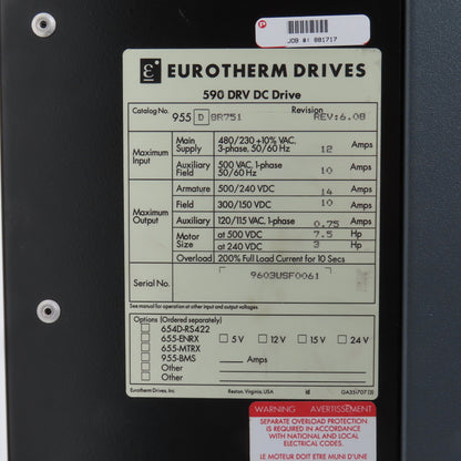Parker Eurotherm 955D8R751 Rev 6.08 590 DRV DC Drive 480/230VAC + 590DC/00/000
