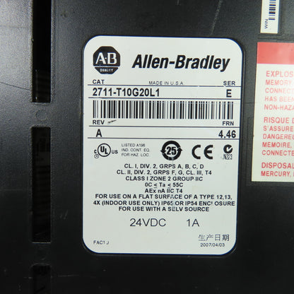 Allen-Bradley 2711-T10G20L1 PanelView 1000 Ser E Rev A FRN 4.46 24VDC