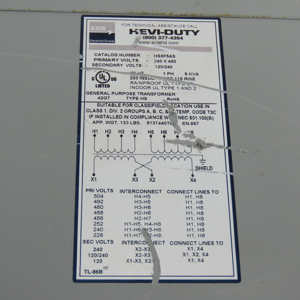 Hevi-Duty HS5F5AS 5kVA 1Ph General Purpose Transformer 240/480V Pri 120/240V Sec
