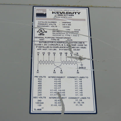 Hevi-Duty HS5F5AS 5kVA 1Ph General Purpose Transformer 240/480V Pri 120/240V Sec