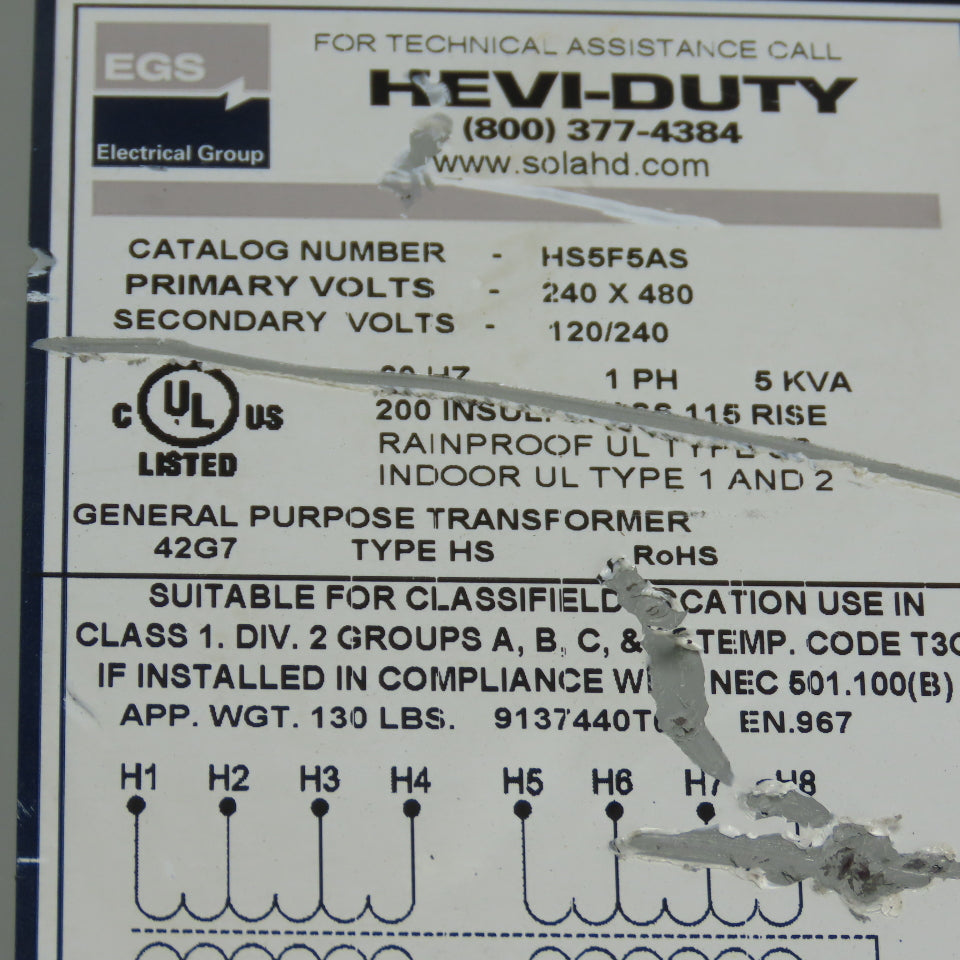 Hevi-Duty HS5F5AS 5kVA 1Ph General Purpose Transformer 240/480V Pri 120/240V Sec