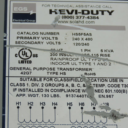 Hevi-Duty HS5F5AS 5kVA 1Ph General Purpose Transformer 240/480V Pri 120/240V Sec
