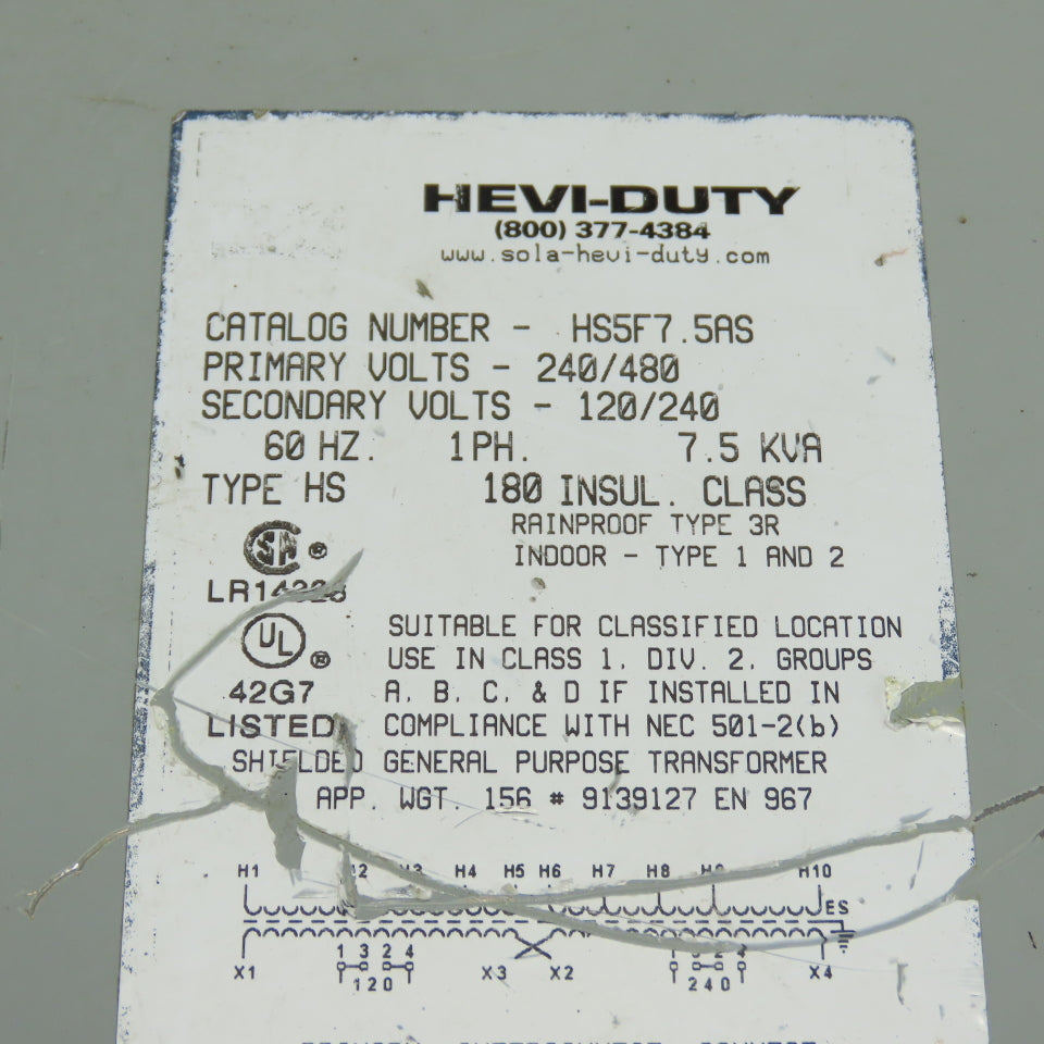 Hevi-Duty HS5F7.5AS General Purpose Transformer 7.5kVA 240/480V Pri 120/240V Sec