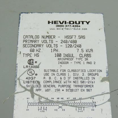 Hevi-Duty HS5F7.5AS General Purpose Transformer 7.5kVA 240/480V Pri 120/240V Sec