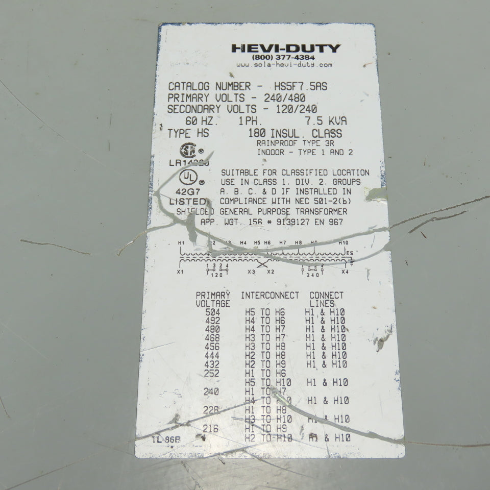 Hevi-Duty HS5F7.5AS General Purpose Transformer 7.5kVA 240/480V Pri 120/240V Sec