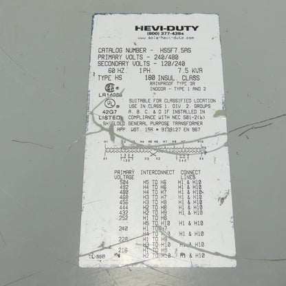 Hevi-Duty HS5F7.5AS General Purpose Transformer 7.5kVA 240/480V Pri 120/240V Sec