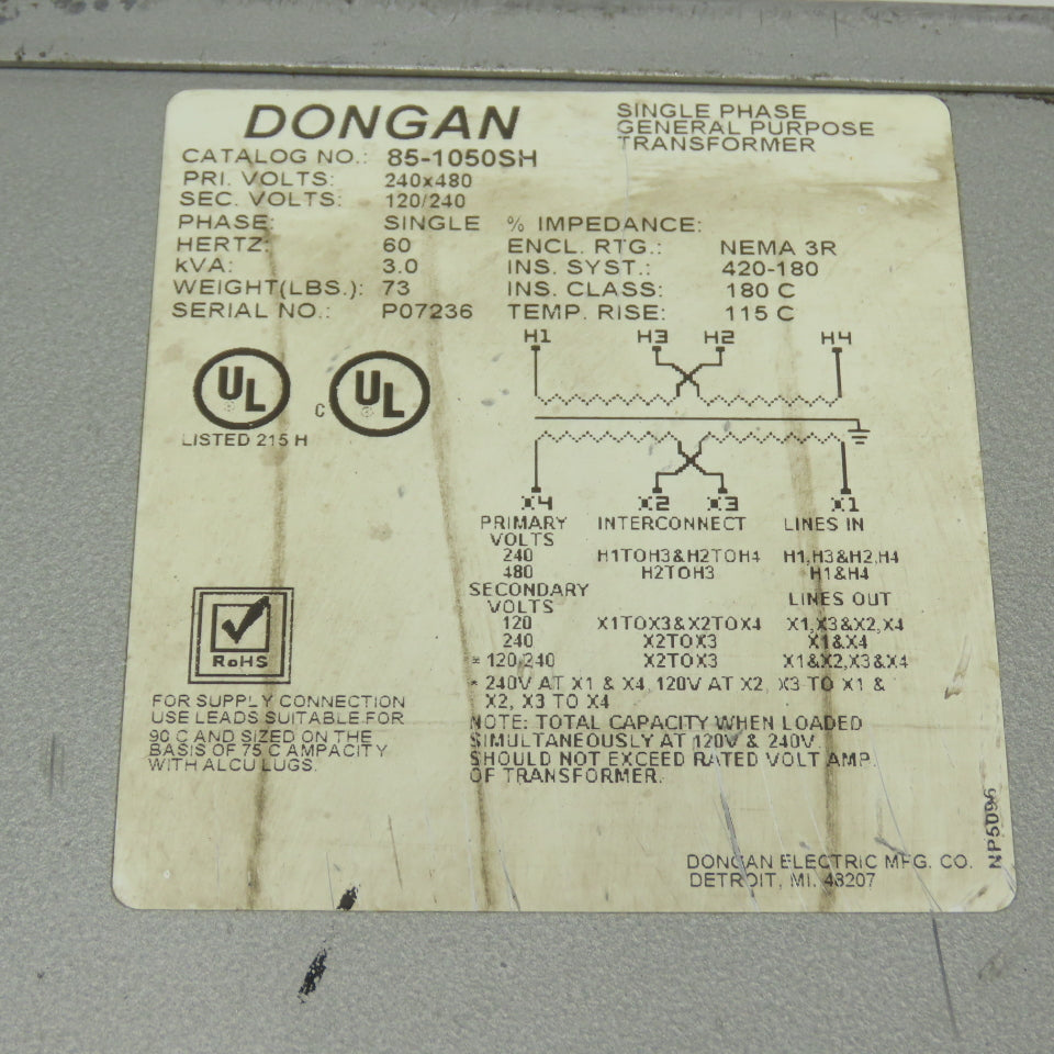 Dongan 85-1050SH 3kVA 1Ph General Purpose Transformer 240/480V Pri 120/240V Sec