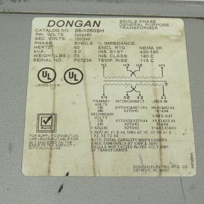 Dongan 85-1050SH 3kVA 1Ph General Purpose Transformer 240/480V Pri 120/240V Sec