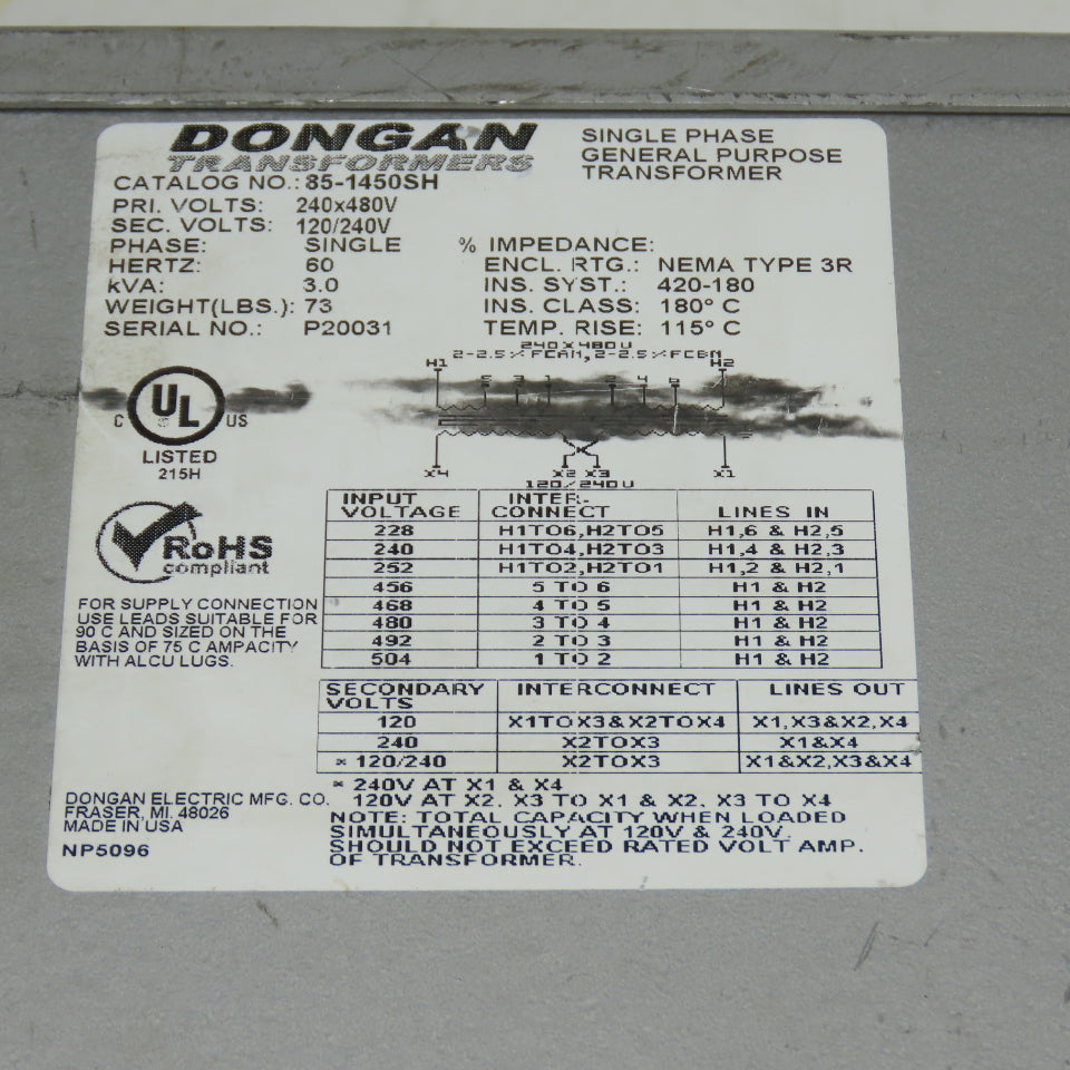 Dongan 85-1450SH 3kVA 1Ph General Purpose Transformer 240x480V PRI 120/240V SEC