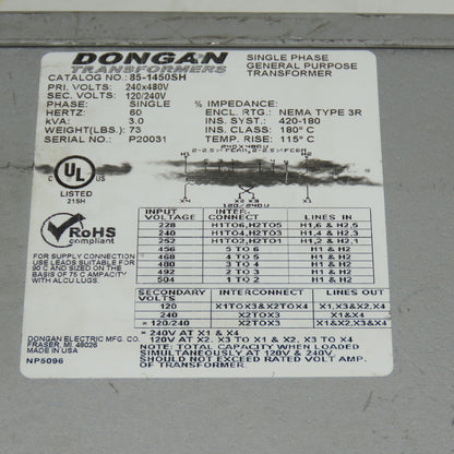 Dongan 85-1450SH 3kVA 1Ph General Purpose Transformer 240x480V PRI 120/240V SEC