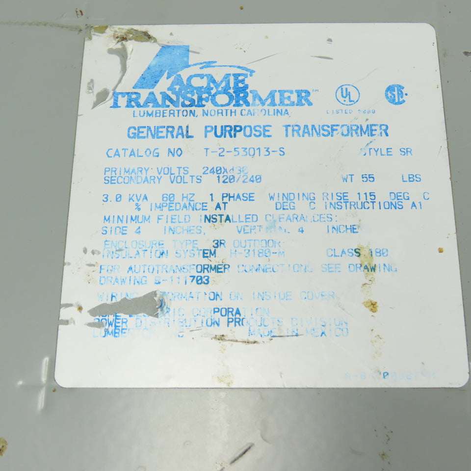 Acme T-2-53013-S 3kVA 1Ph General Purpose Transformer 240x480V Pri 120/240V Sec
