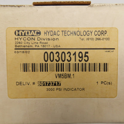 Hydac VM5BM.1 00303195 Visual Clogging Indicator 3000 PSI