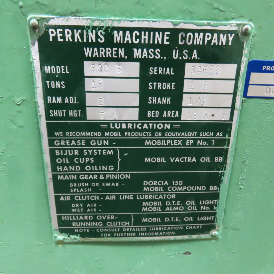 Perkins 300-B 15 Ton Mechanical Punch Press 1HP 220/440V 1-1/2" Stroke 5" Throat