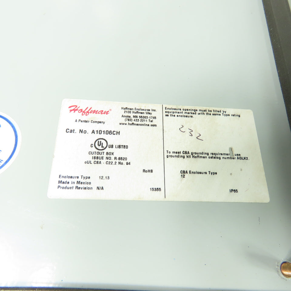 Hoffman A10106CH 10"x10"x6" NEMA 12 13 IP65 Hinged Electrical Enclosure
