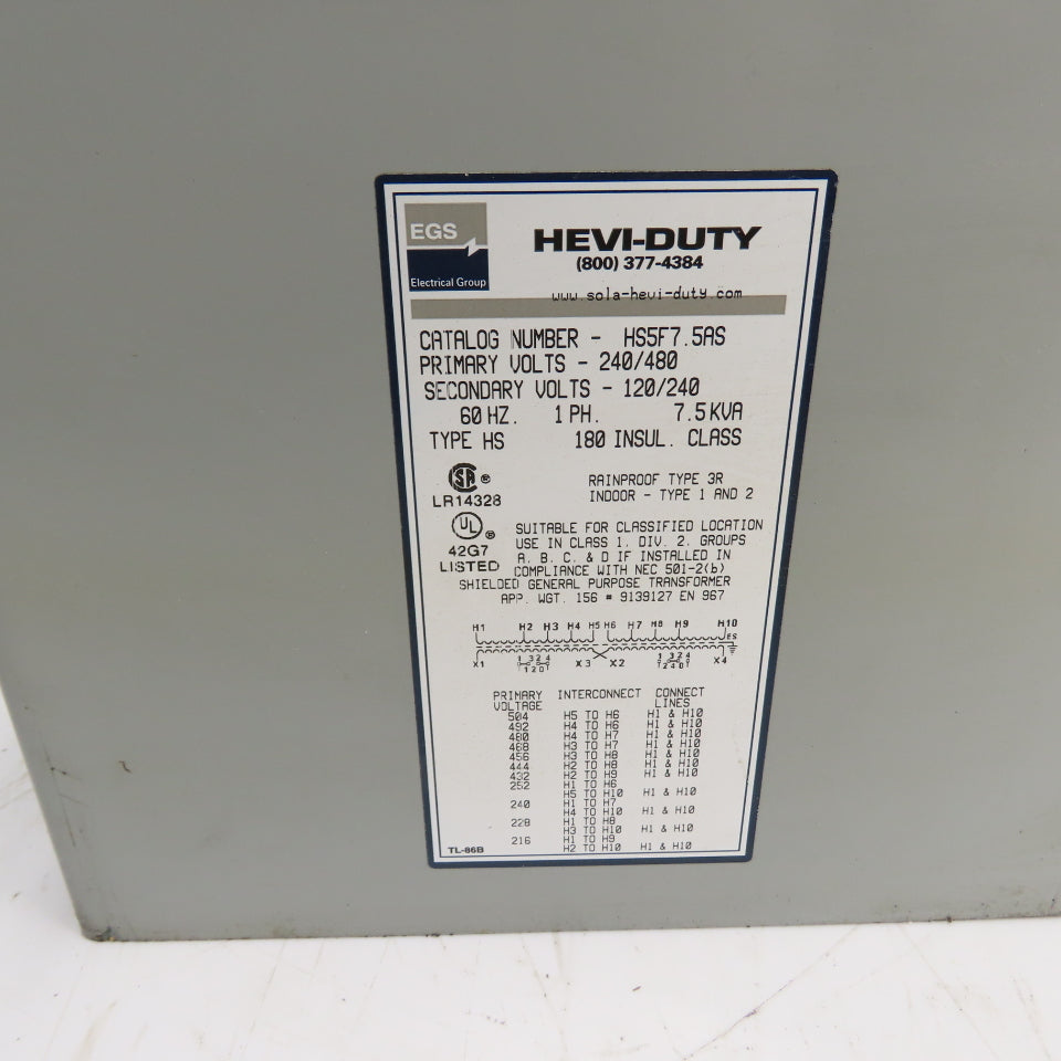 Hevi-Duty HS5F7.5AS General Purpose Transformer 7.5kVA 240/480V Pri 120/240V Sec