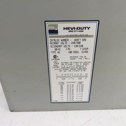 Hevi-Duty HS5F7.5AS General Purpose Transformer 7.5kVA 240/480V Pri 120/240V Sec