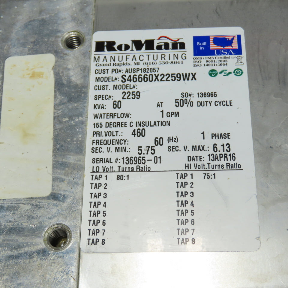 RoMan S46660X2259WX 60 KVA Liquid Cooled Resistance Welding Transformer 460V Pri