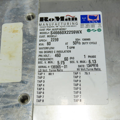 RoMan S46660X2259WX 60 KVA Liquid Cooled Resistance Welding Transformer 460V Pri