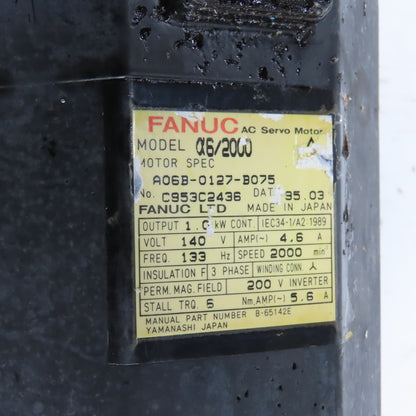 FANUC A06B-0127-B075 AC Servo Motor 1.0kW 140V 2000RPM 3Ph