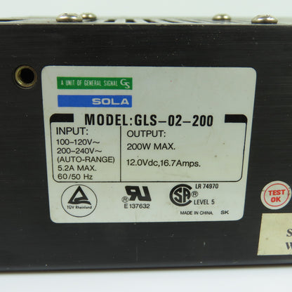 Sola GLS-02-200 200W Max Switching Power Supply 12VDC Output 100-240V Input