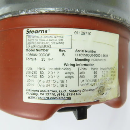Stearns 105606100DQF 25 lb-ft Magnetic Disc Brake 230/460VAC 190/380VAC
