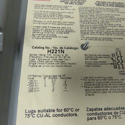 Square D H221N 30A 2-Pole Fusible Safety Disconnect Switch 240VAC 250VDC