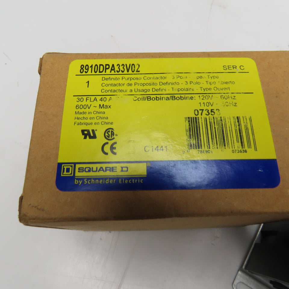 Square D 8910DPA33V02 3-Pole Definite Purpose Contactor 120VAC Coil 30 FLA 40A