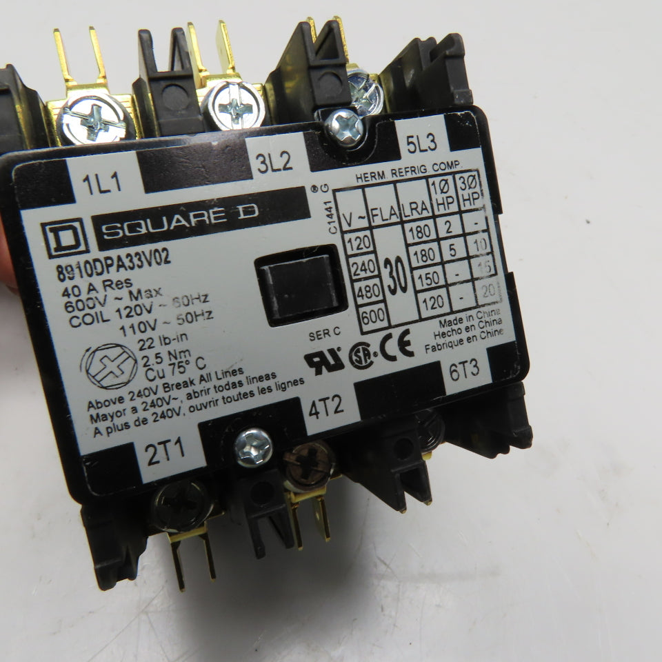 Square D 8910DPA33V02 3-Pole Definite Purpose Contactor 120VAC Coil 30 FLA 40A