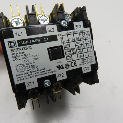 Square D 8910DPA33V02 3-Pole Definite Purpose Contactor 120VAC Coil 30 FLA 40A