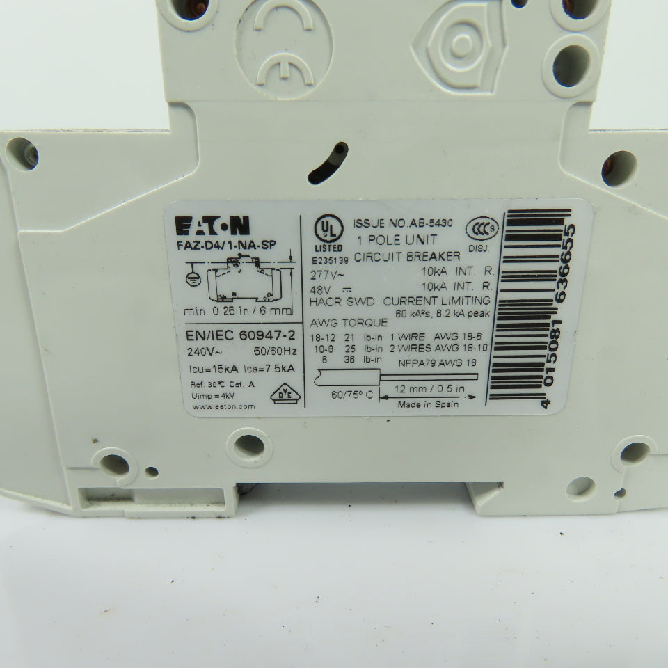Eaton FAZ-D4/1-NA 4A 1Ph Circuit Breaker 277VAC 48VDC