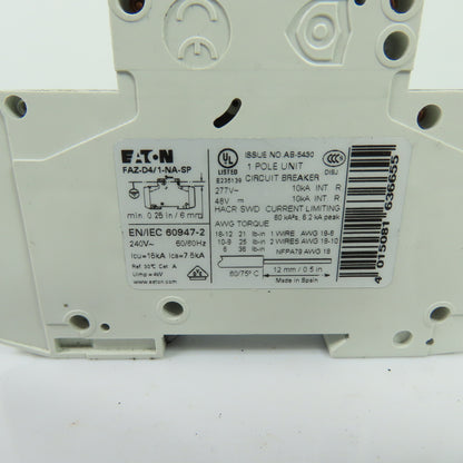 Eaton FAZ-D4/1-NA 4A 1Ph Circuit Breaker 277VAC 48VDC