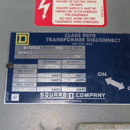Square D SK5271W Transformer Disconnect 2kVA 230/460V to 115V 2000VA @60Hz