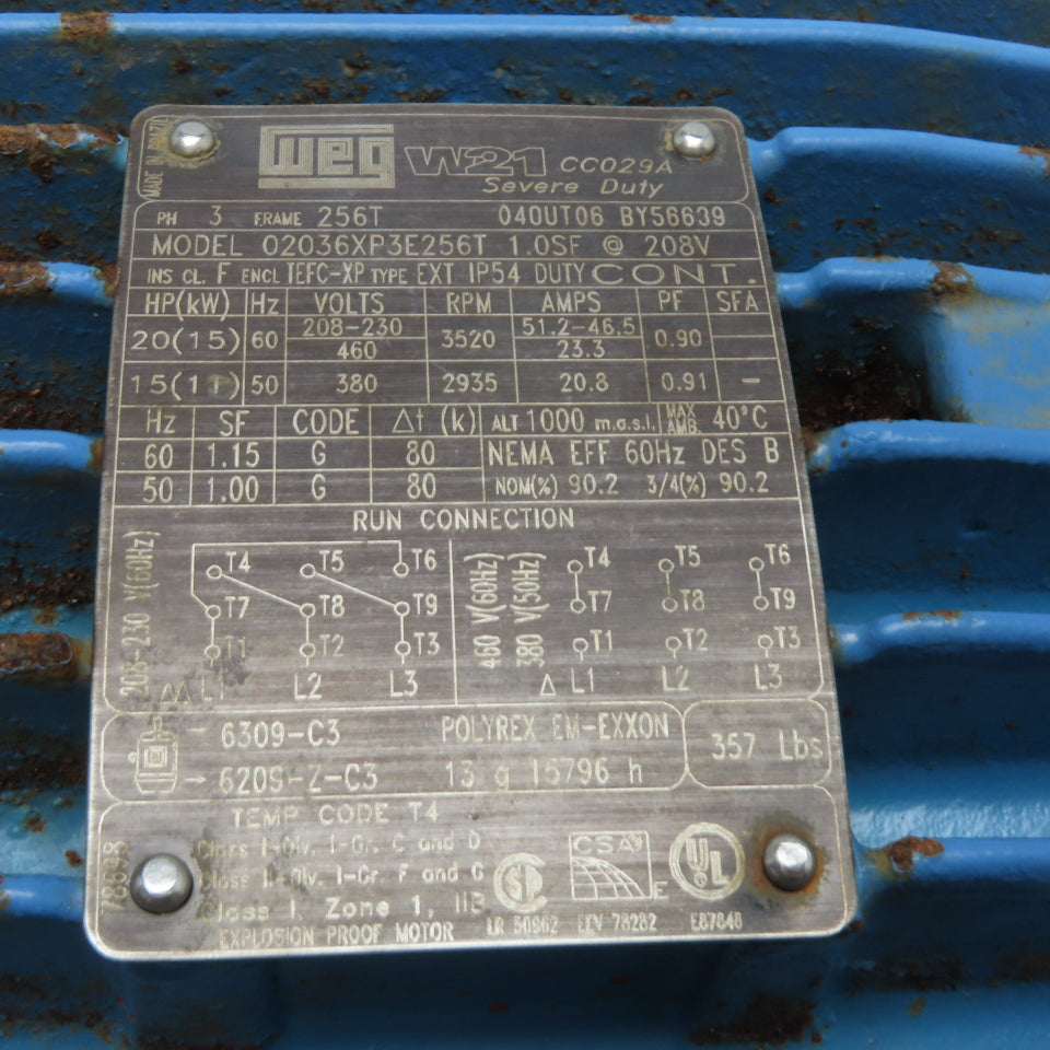 WEG 02036XP3E256T 20HP Electric Motor 208-230/460V 3Ph 3520RPM 256T Frame