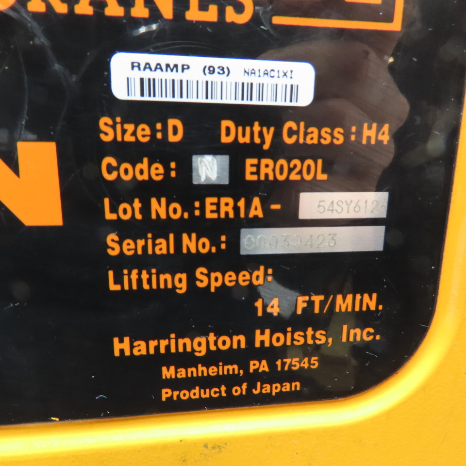 Harrington ER020L 2 Ton 4000LB Electric Chain Hoist 230/460V 3Ph 14 FPM 20' Lift