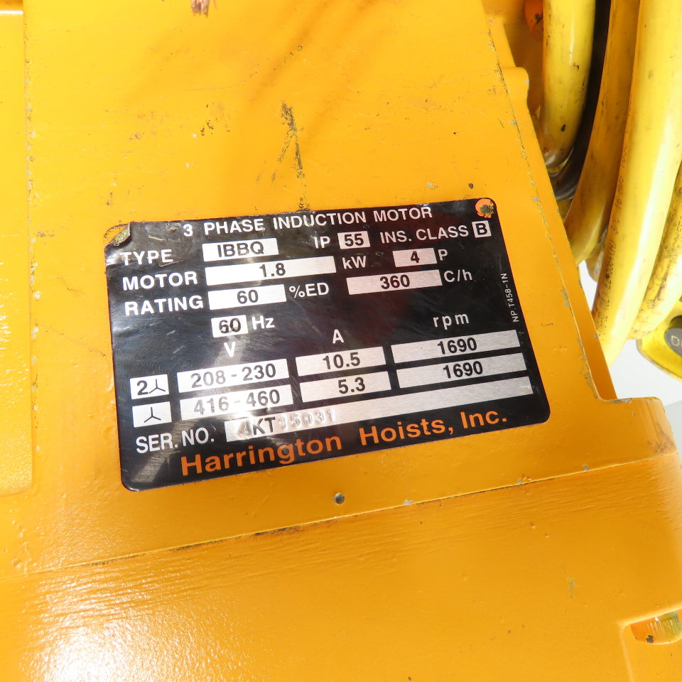 Harrington ER020L 2 Ton 4000LB Electric Chain Hoist 230/460V 3Ph 14 FPM 20' Lift