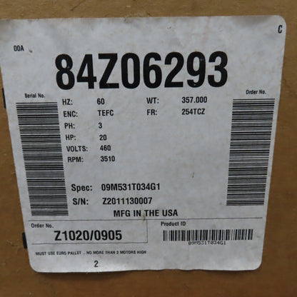 Baldor 09M531T034G1 20HP Vertical Electric Motor 460V 3Ph 3510RPM 254TCZ Frame