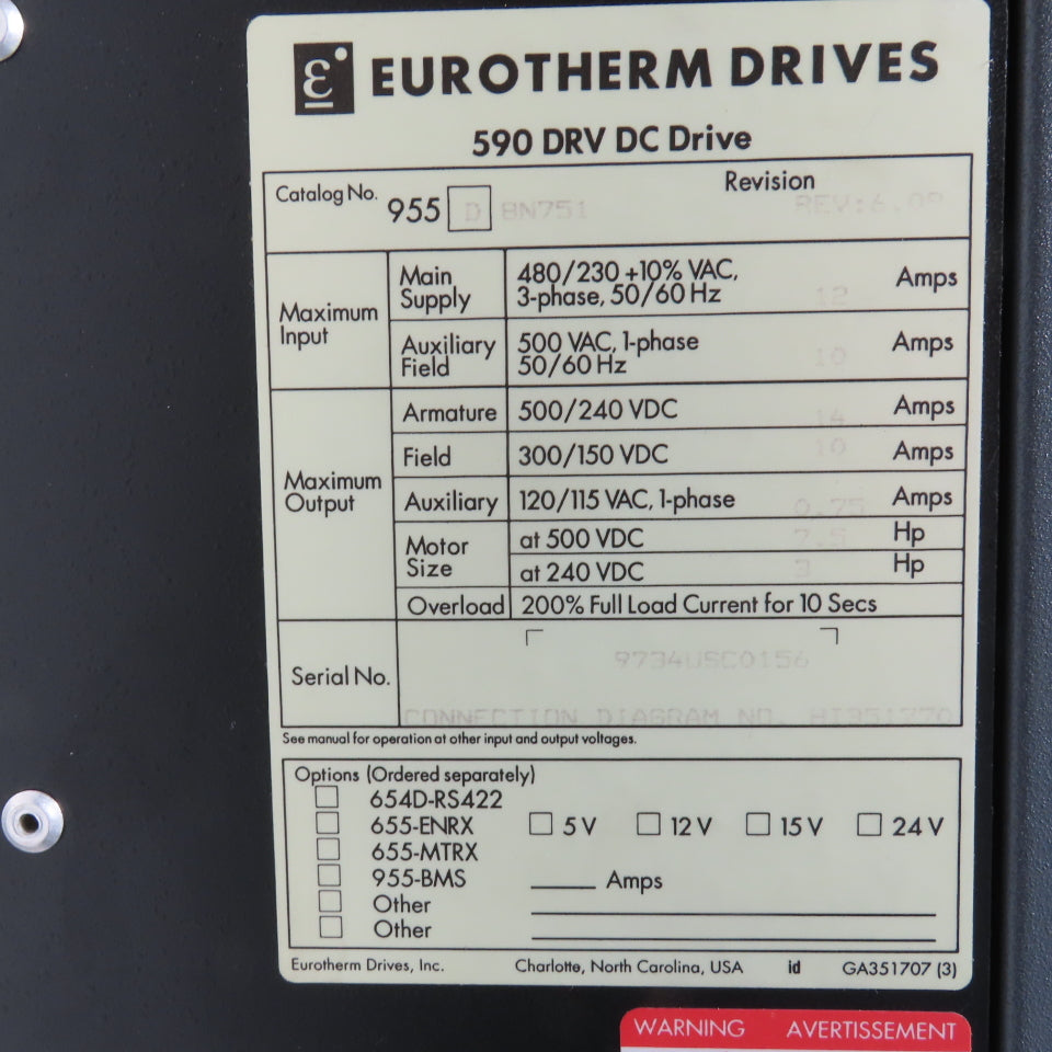 Eurotherm 955D8N751 590 DRV DC Drive 500/240VDC 14A 7.5HP Out + 590LDC/00/000