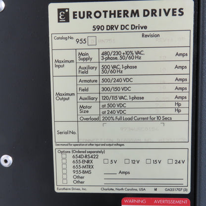 Eurotherm 955D8N751 590 DRV DC Drive 500/240VDC 14A 7.5HP Out + 590LDC/00/000