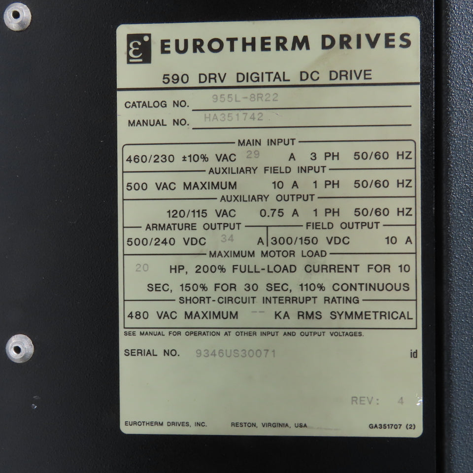 Eurotherm 955L-8R22 590 DRV DC Drive 500/240VDC 34A 20HP Out + 590LDC/00/000