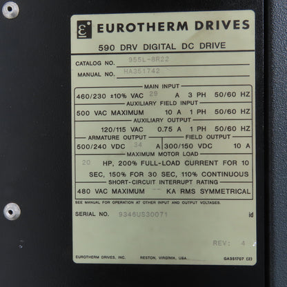 Eurotherm 955L-8R22 590 DRV DC Drive 500/240VDC 34A 20HP Out + 590LDC/00/000