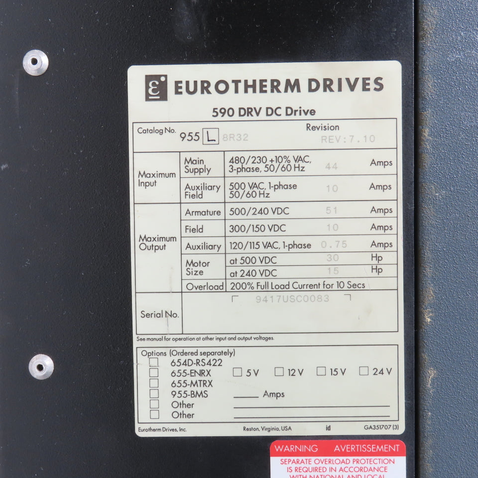 Eurotherm 955L-8R32 590 DRV DC Drive 500/240VDC 51A 30HP Out + 590LDC/00/000