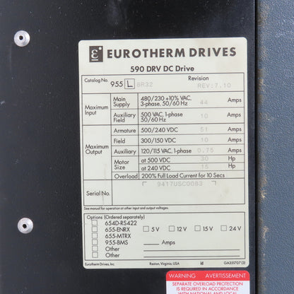 Eurotherm 955L-8R32 590 DRV DC Drive 500/240VDC 51A 30HP Out + 590LDC/00/000